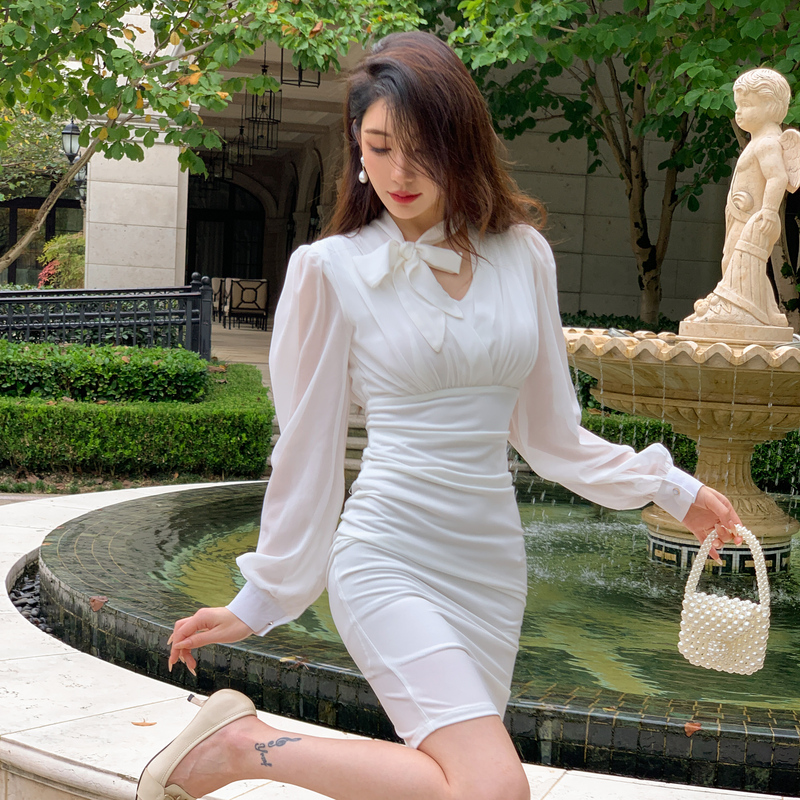 Slim autumn long sleeve streamer Korean style package hip dress