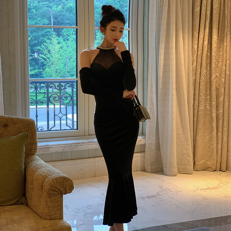 Autumn sexy formal dress halter black dress for women