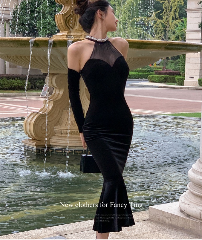 Autumn sexy formal dress halter black dress for women