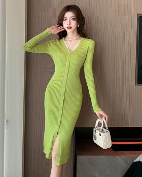 Pseudo-two knitted apple-green dress