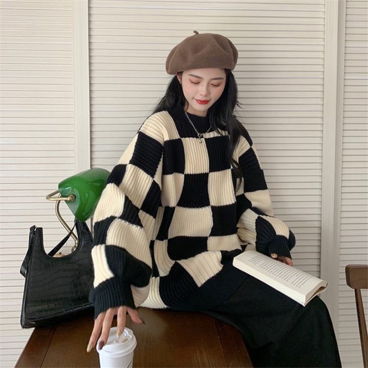 Lazy Korean style chessboard sweater niche retro tops