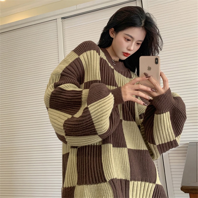 Lazy Korean style chessboard sweater niche retro tops