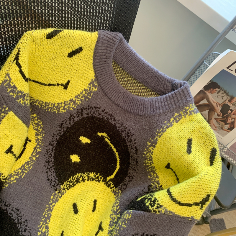 Round neck jacquard tops smiley colors sweater for women