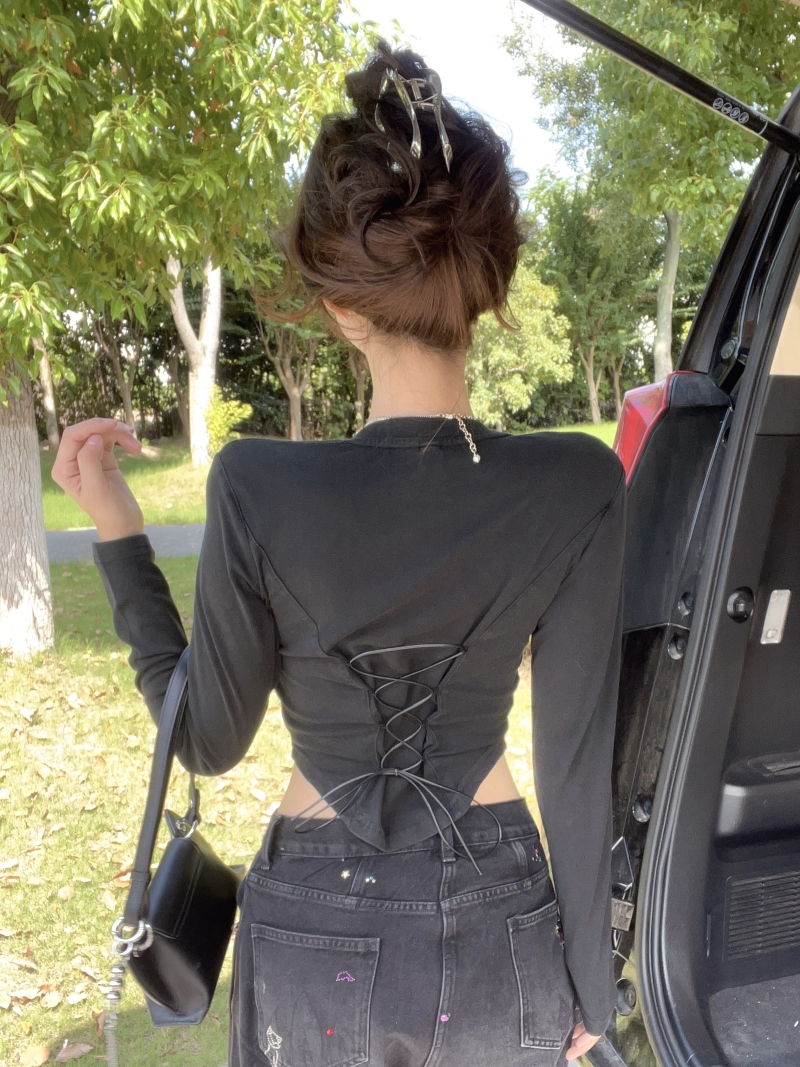Back bandage black T-shirt niche autumn tops for women