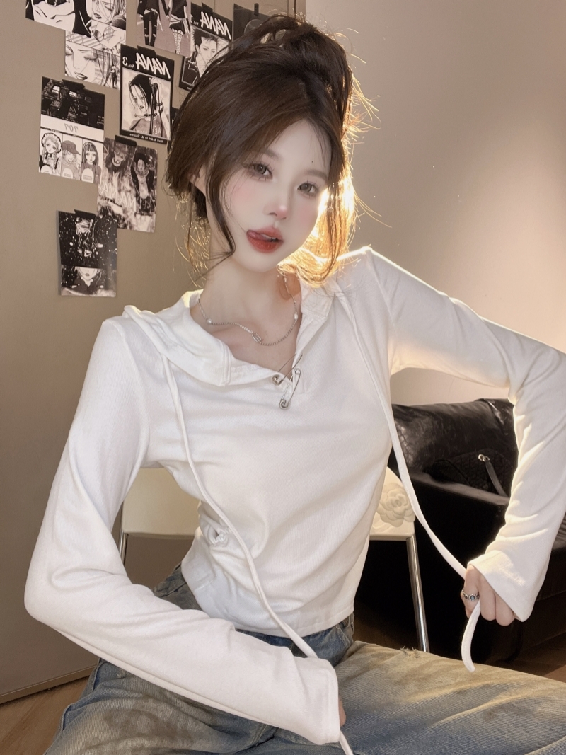 Irregular hooded T-shirt slim bottoming shirt for women