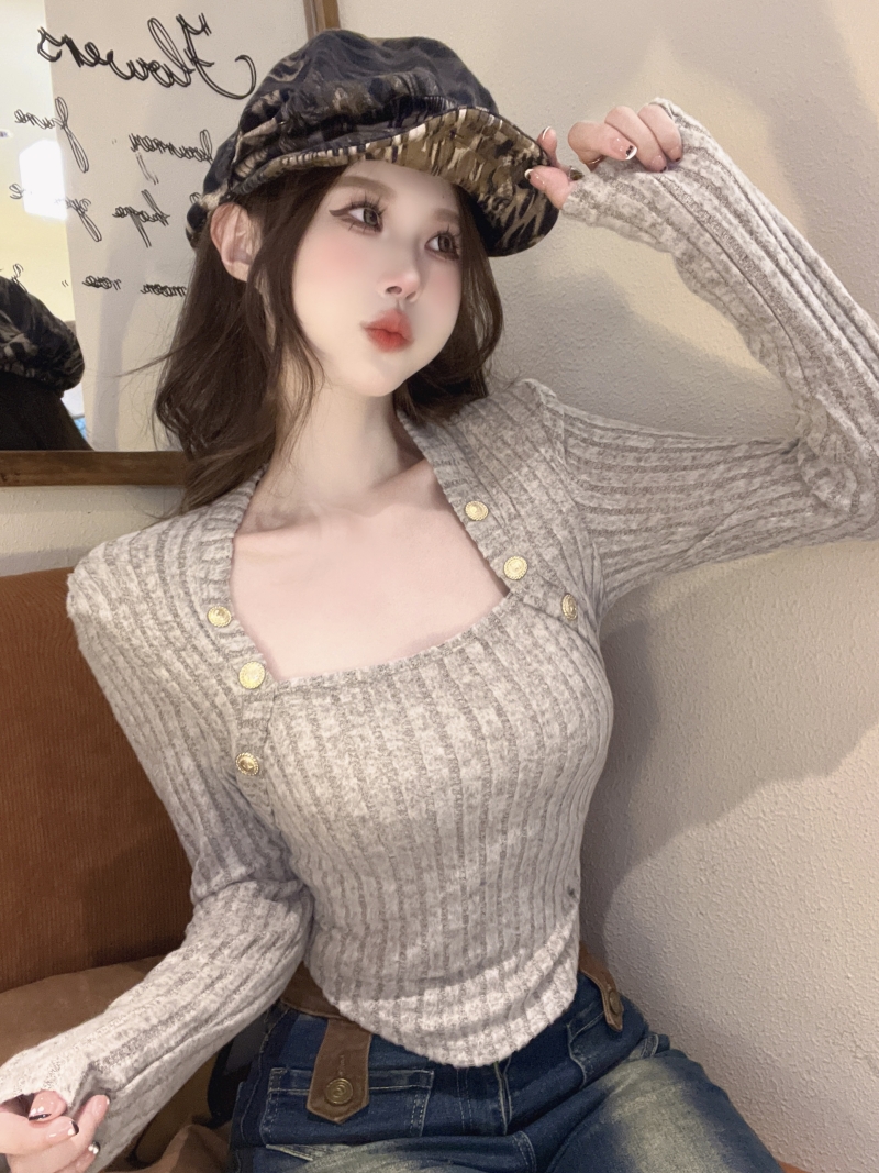 Clavicle square collar tops autumn T-shirt for women