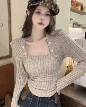 Clavicle square collar tops autumn T-shirt for women