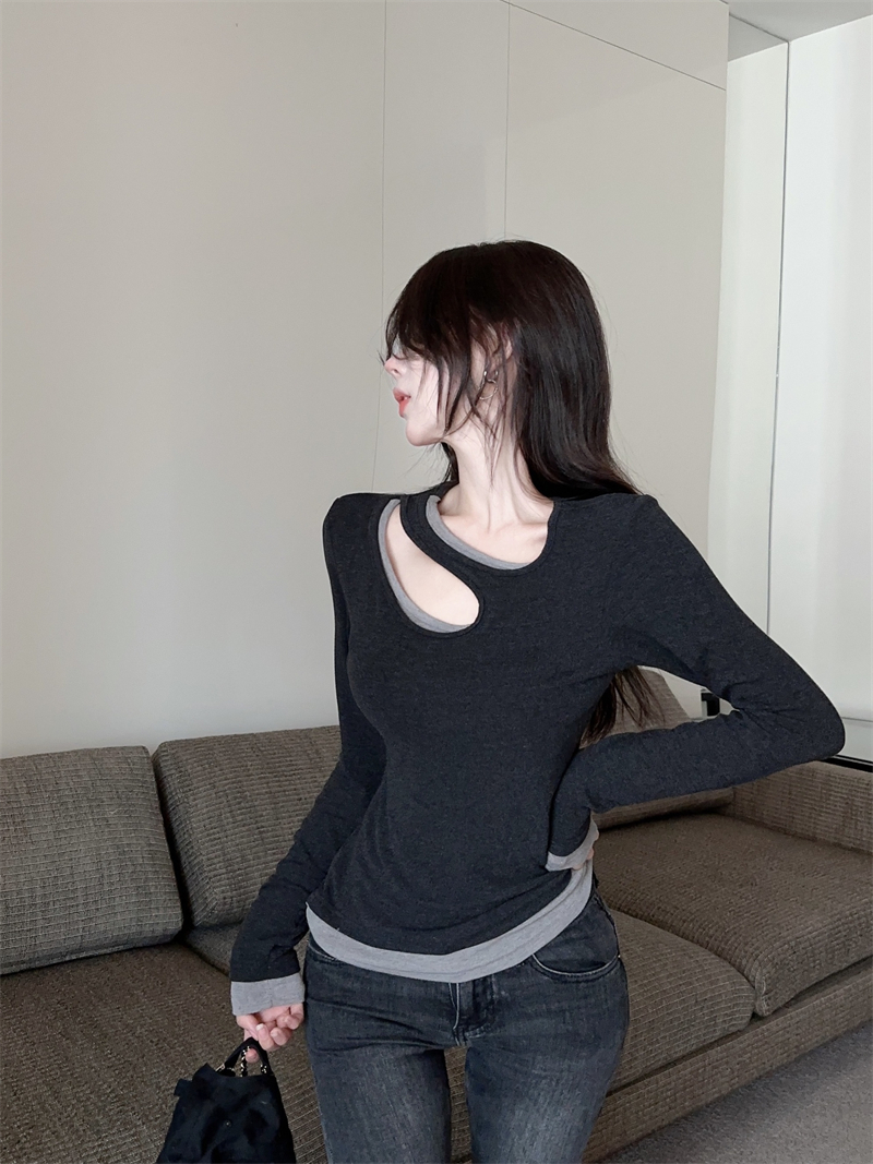 Pseudo-two unique T-shirt long sleeve hollow tops
