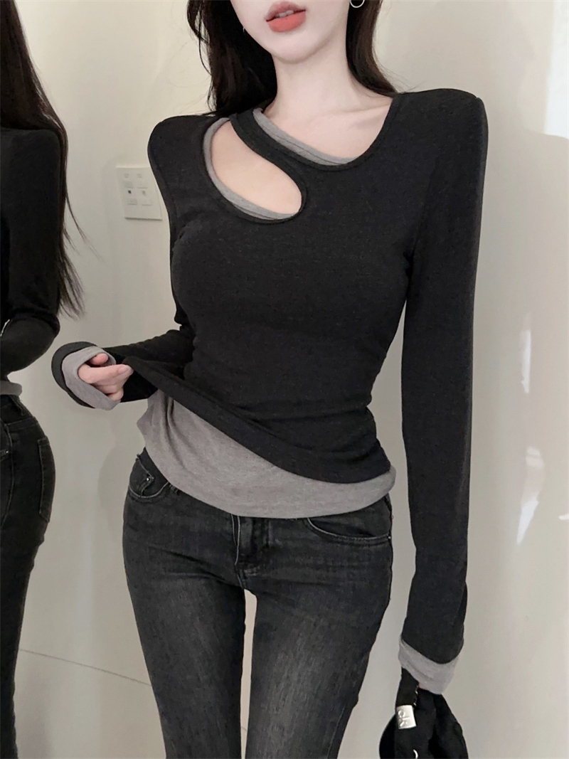 Pseudo-two unique T-shirt long sleeve hollow tops