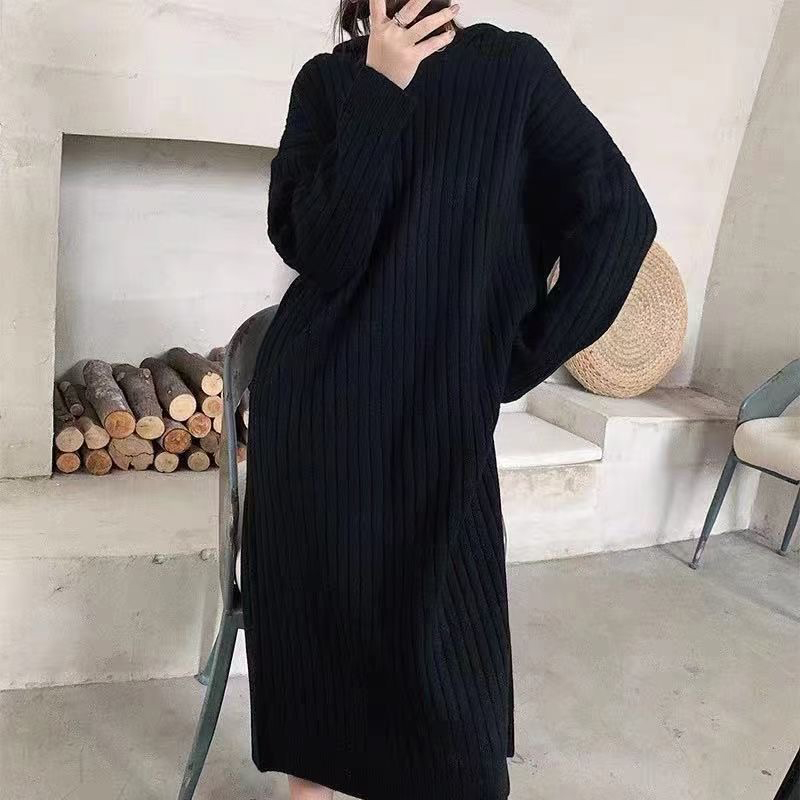 Hooded knitted sweater long thick long dress for women