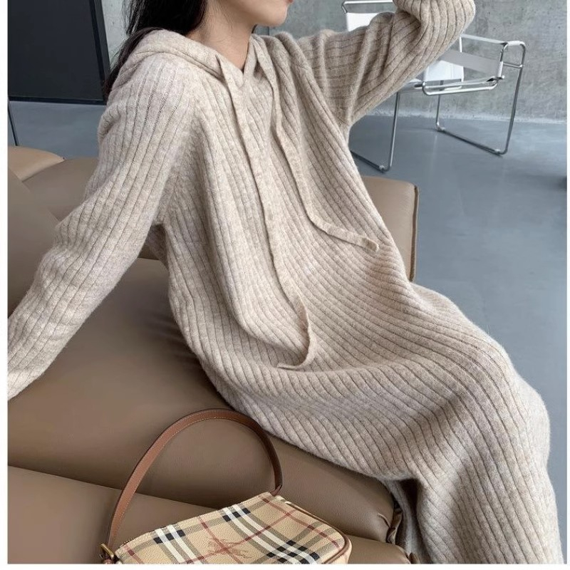 Hooded knitted sweater long thick long dress for women