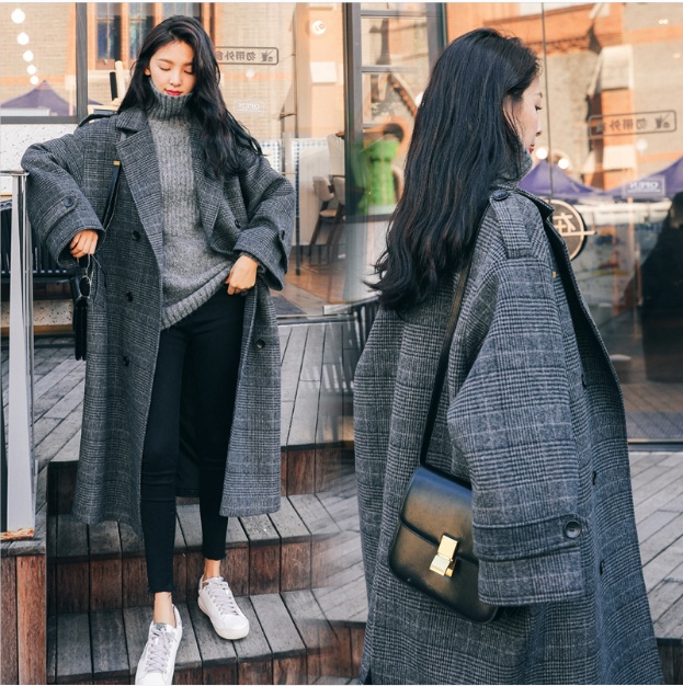 Plaid large yard autumn and winter exceed knee long woolen coat