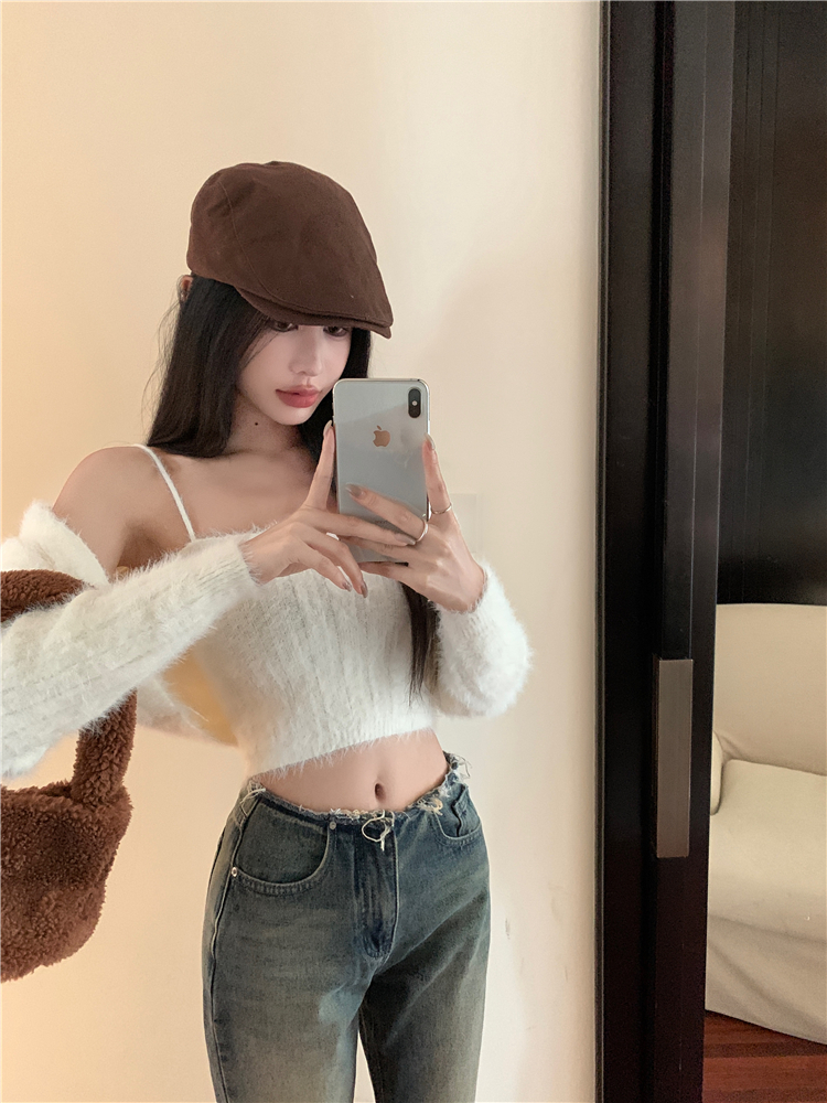 Knitted short tops hairy cardigan 2pcs set for women