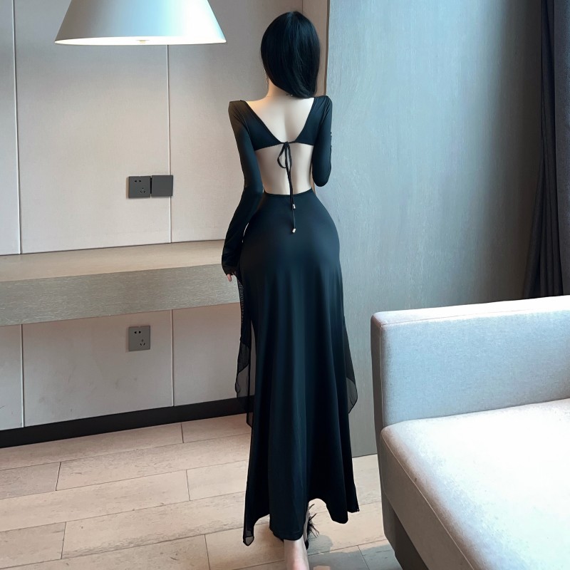 Spicegirl black dress split lotus leaf edges formal dress for women