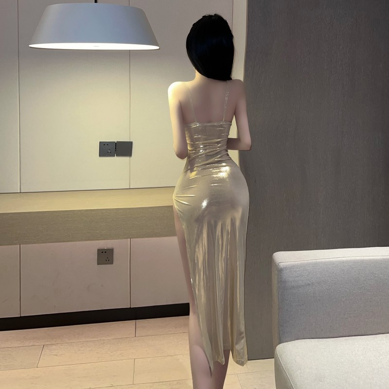 Nightclub slim bar long dress split gold dress for women