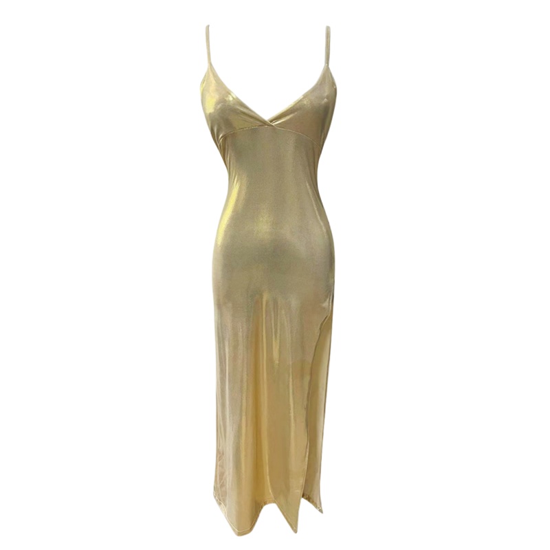 Nightclub slim bar long dress split gold dress for women