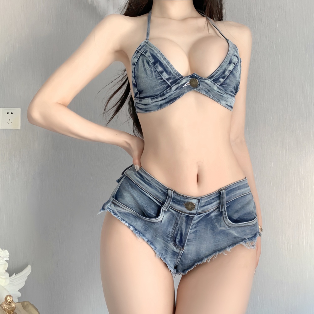 Sexy Sexy underwear enticement short jeans 2pcs set for women