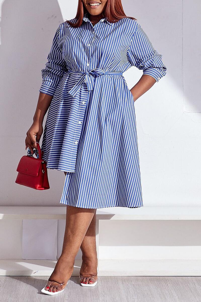 Stripe pockets shirt asymmetry splice dress