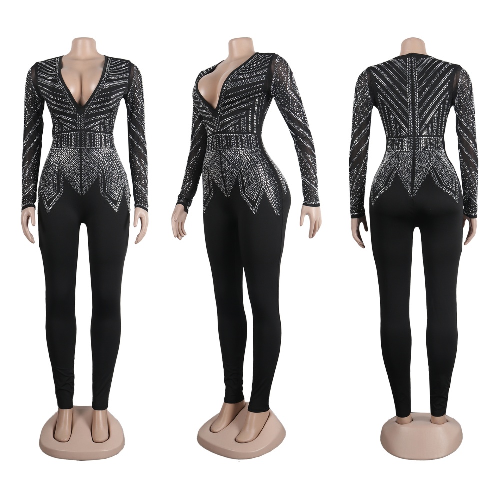 Tight rhinestone slim European style sexy elasticity jumpsuit