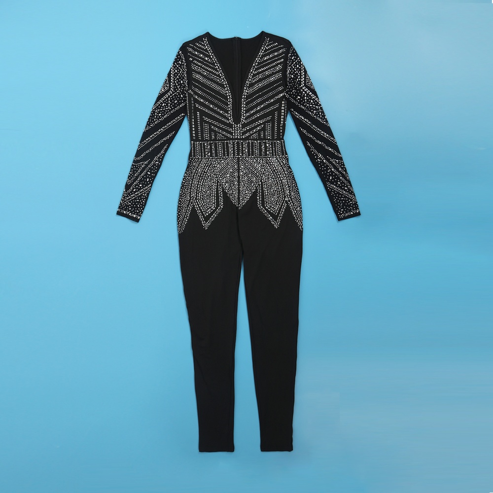 Tight rhinestone slim European style sexy elasticity jumpsuit