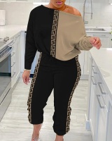 Long sleeve mixed colors tops sexy casual pants 2pcs set