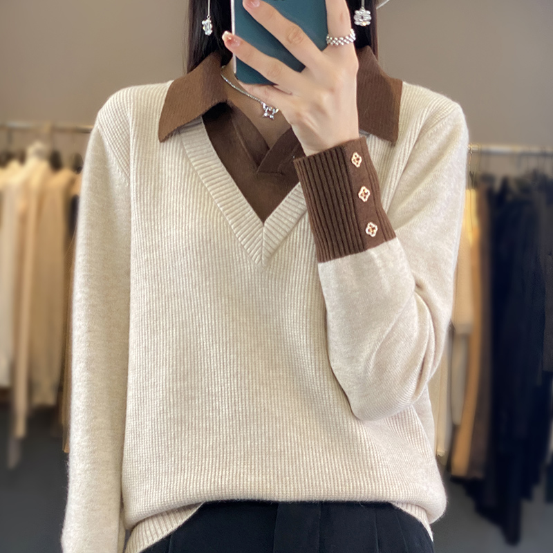 Pseudo-two long sleeve tops bottoming slim sweater