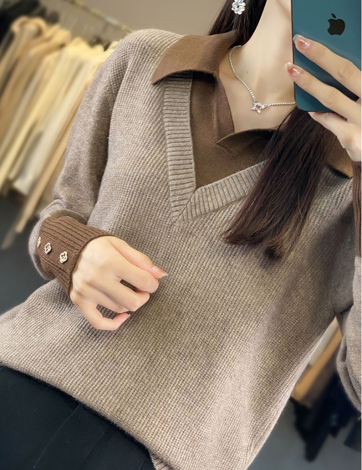 Pseudo-two long sleeve tops bottoming slim sweater