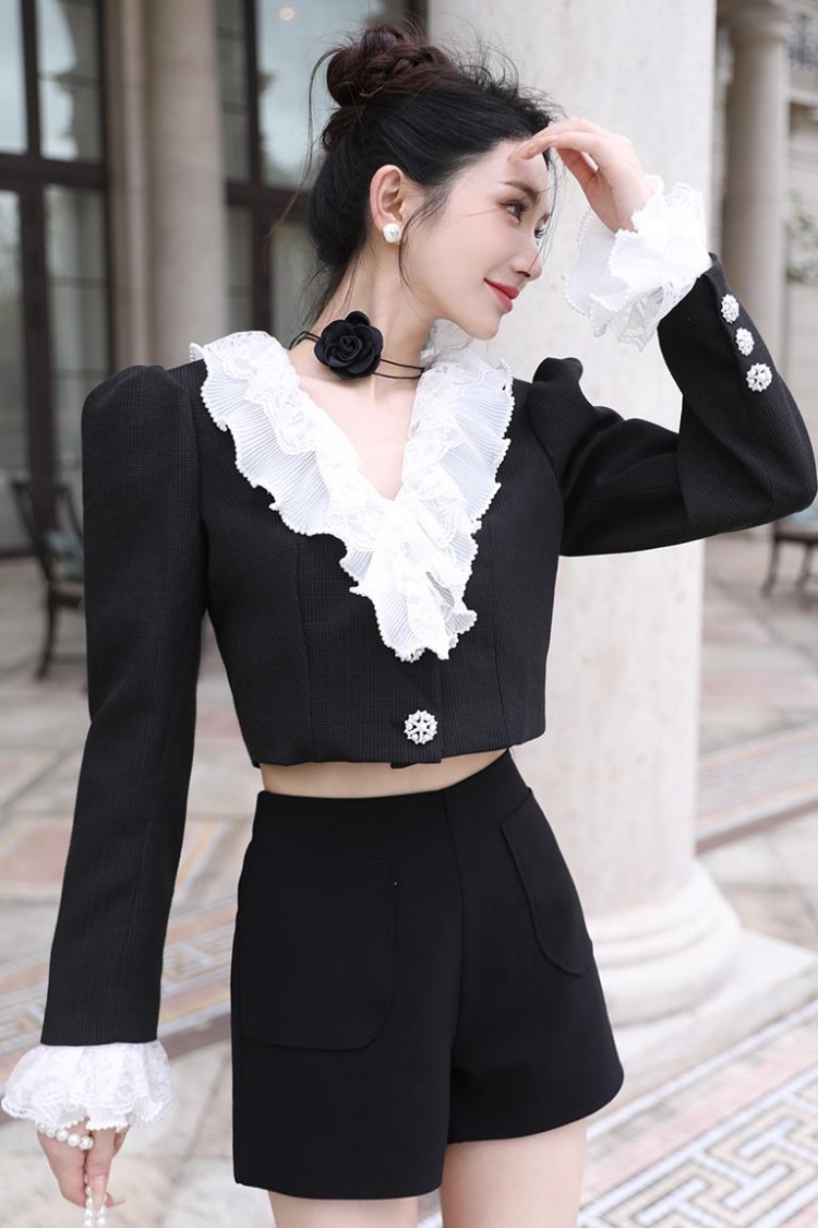 Long sleeve V-neck all-match tops short lace coat