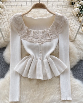 Lace pinched waist tops splice doll sweater for women