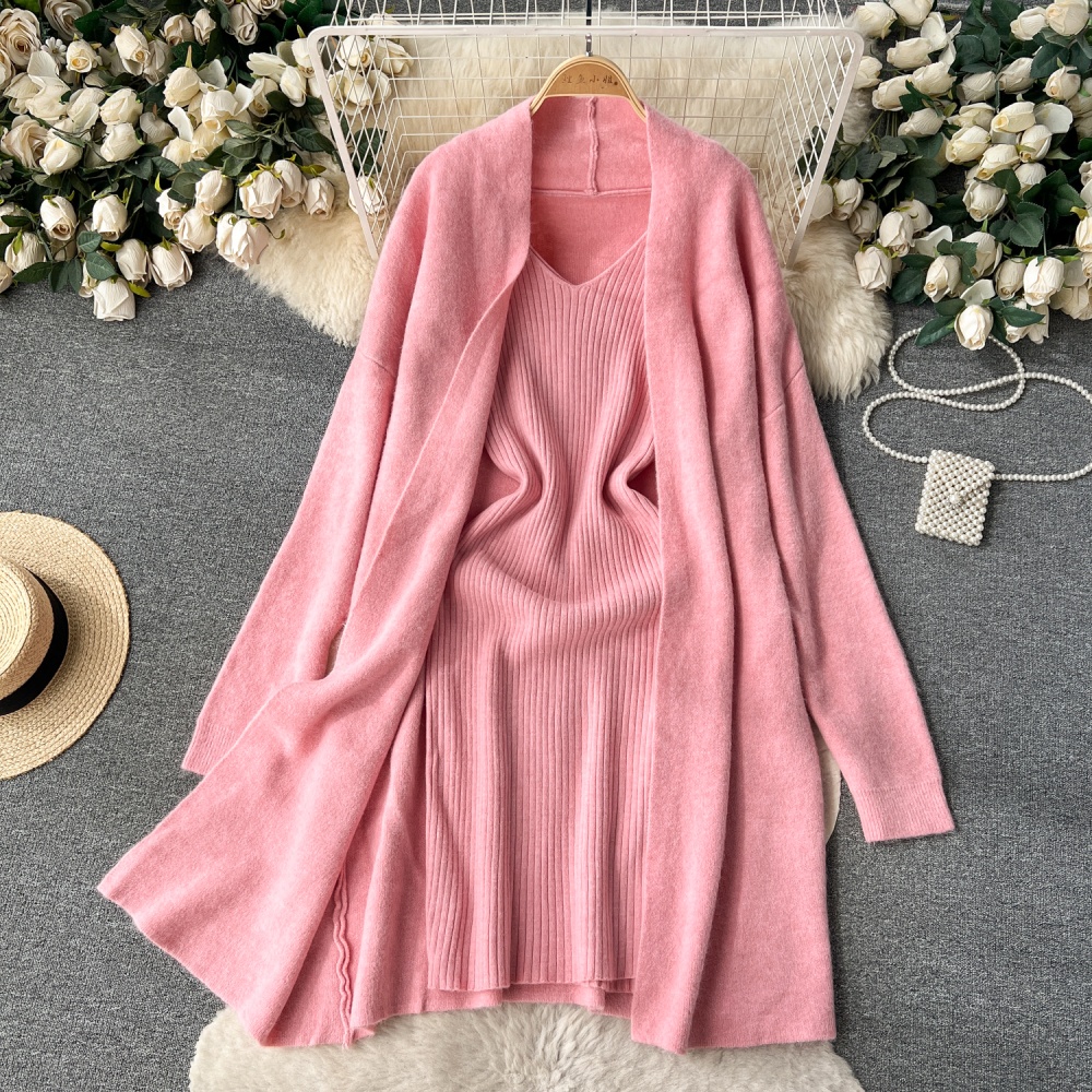 Lazy slim shawl show young knitted coat 2pcs set for women