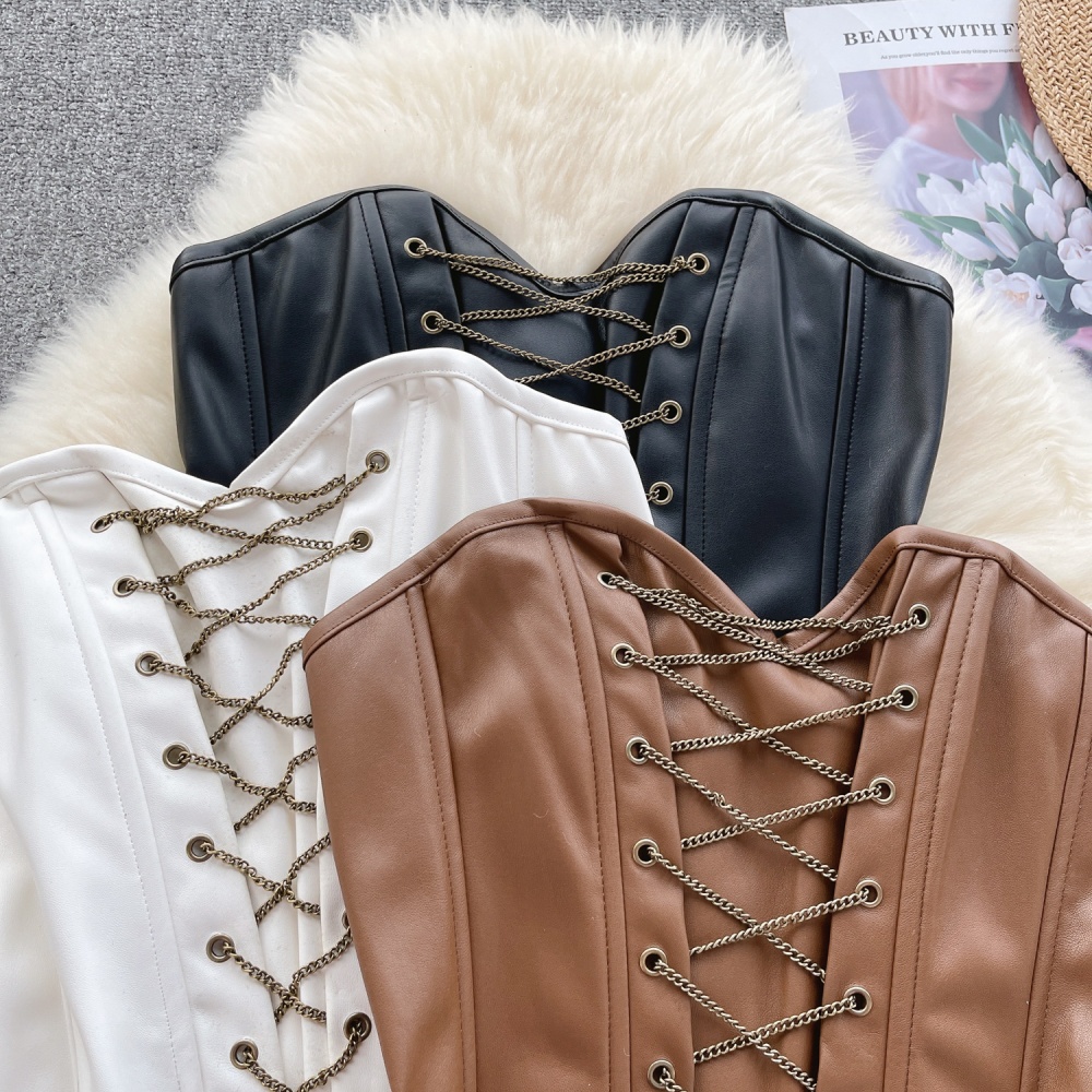 PU retro European style vest wrapped chest autumn tops