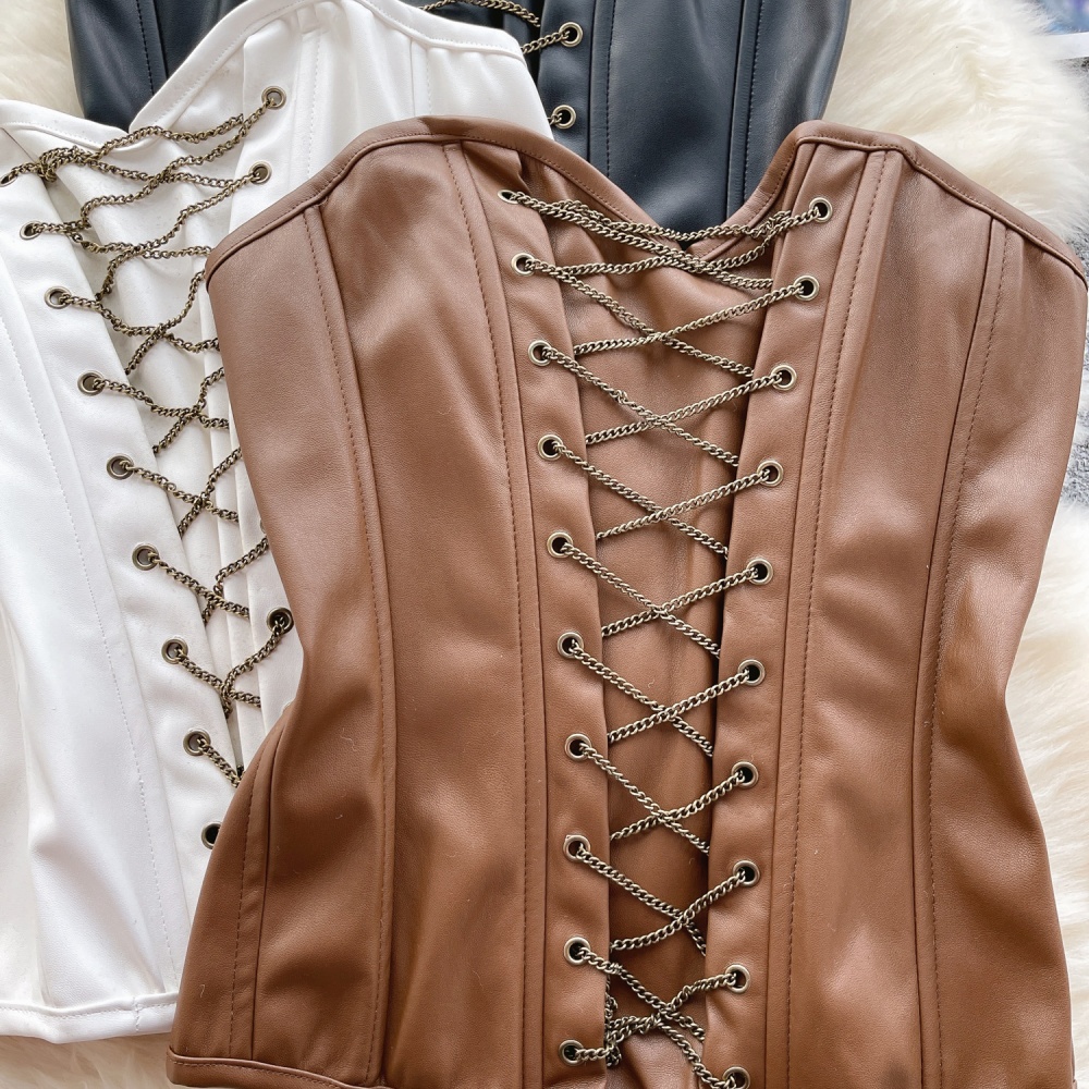 PU retro European style vest wrapped chest autumn tops