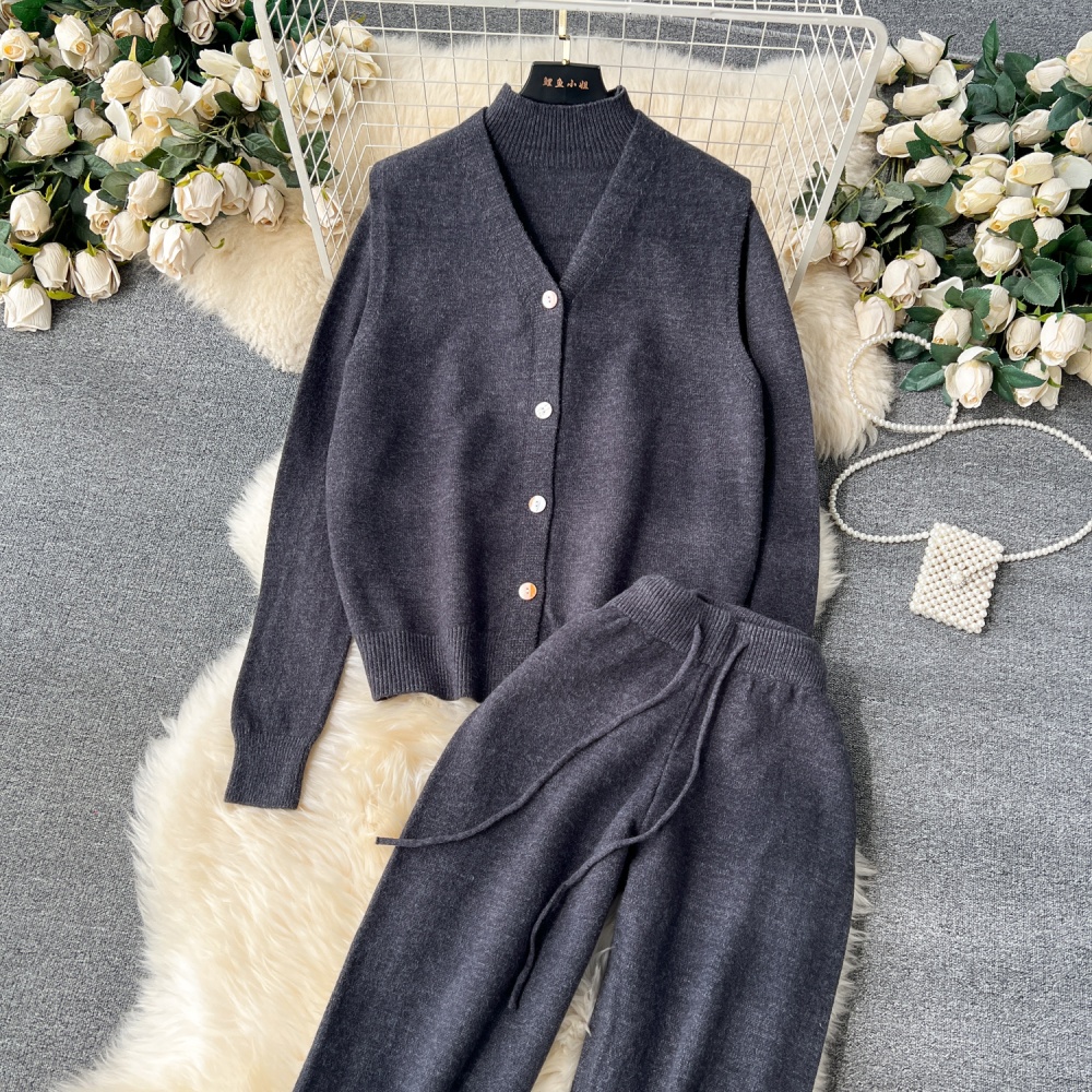 High waist pullover knitted vest loose lazy waistcoat 3pcs set