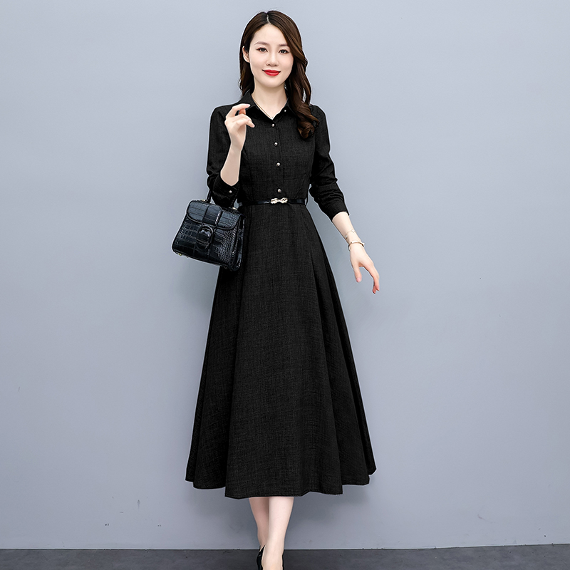 Slim cotton linen long sleeve dress for women