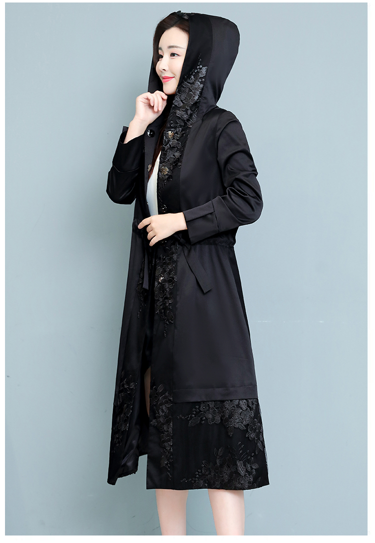 Lace pinched waist autumn hooded windbreaker for women