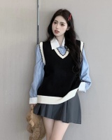 Mixed colors knitted blue tops pleated V-neck shirt 3pcs set