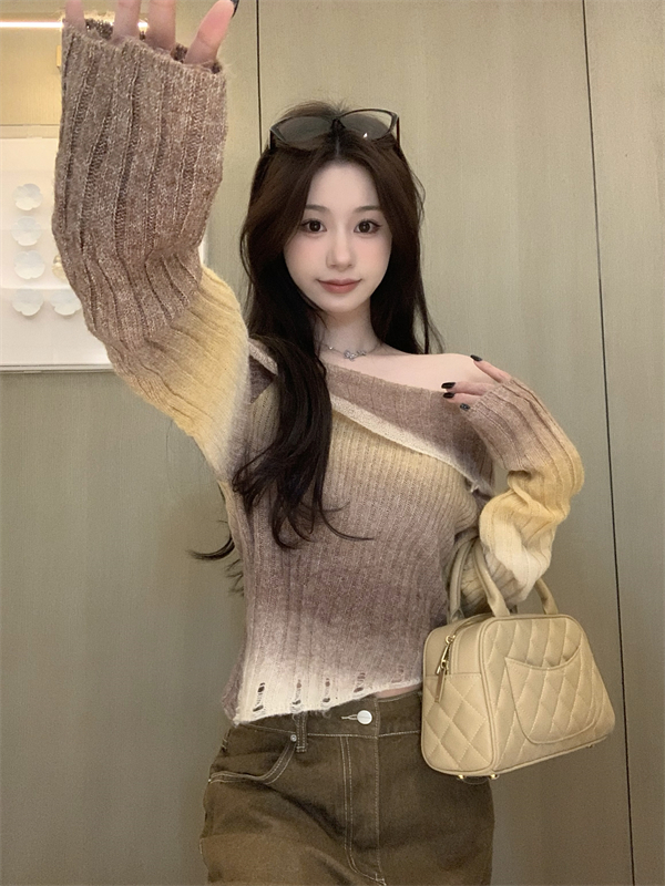Short knitted gradient tops unique lazy blooming sweater