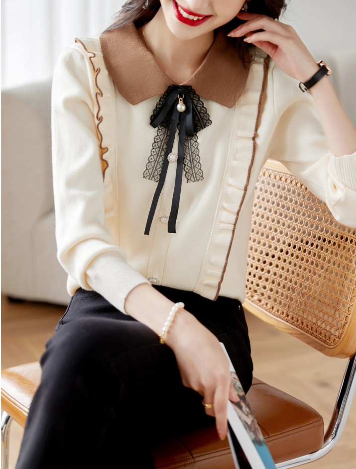 Autumn and winter splice doll collar tops bow lace sweater