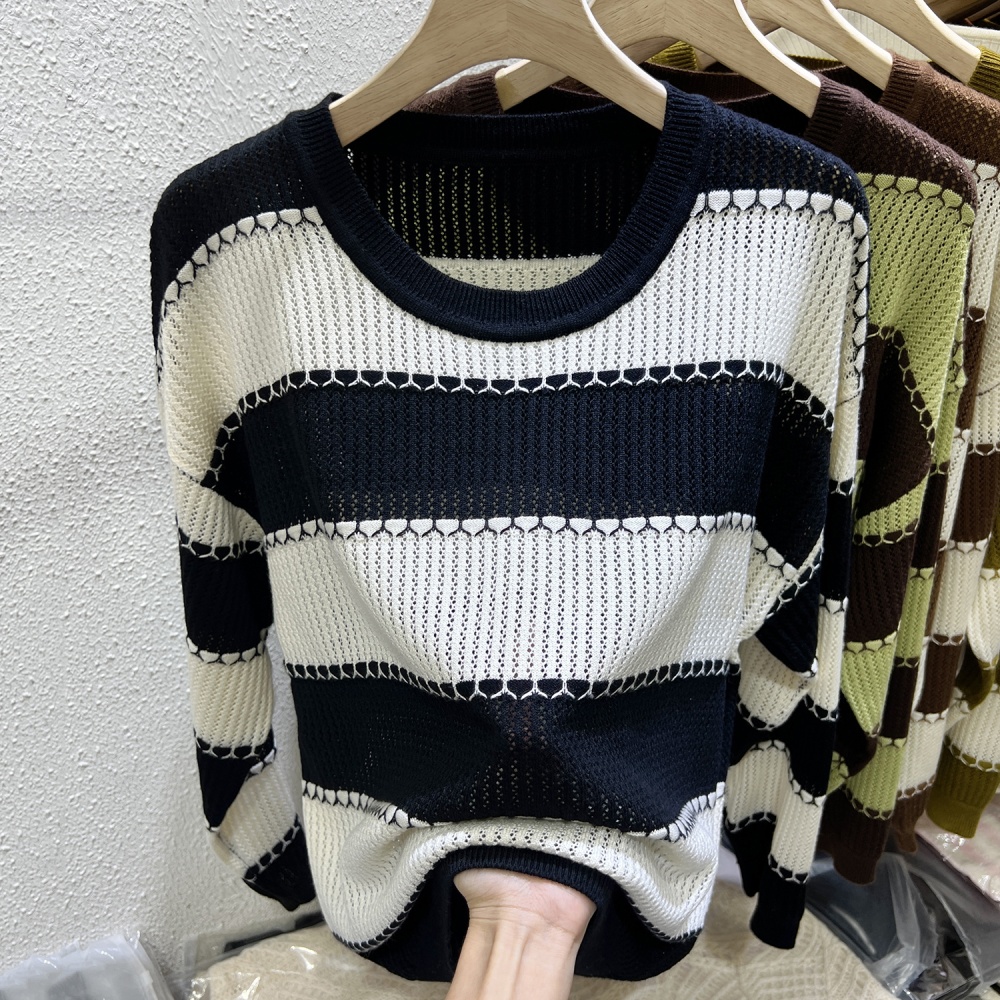 Stripe hollow autumn sweater loose long sleeve tops for women