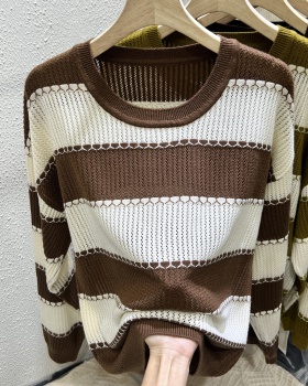 Stripe hollow autumn sweater loose long sleeve tops for women
