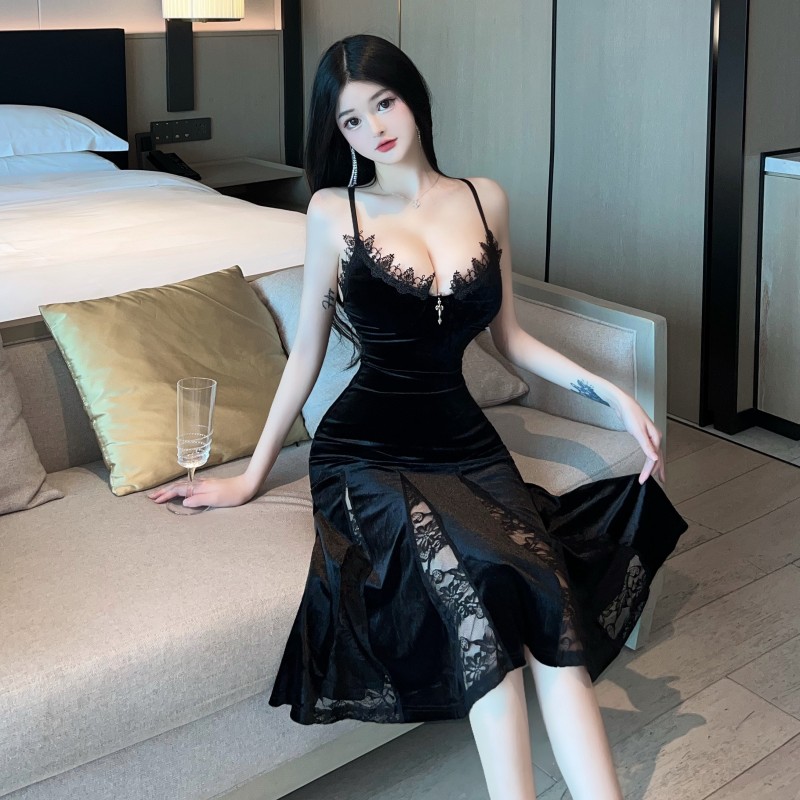 Sexy sling long dress mermaid black lace dress for women