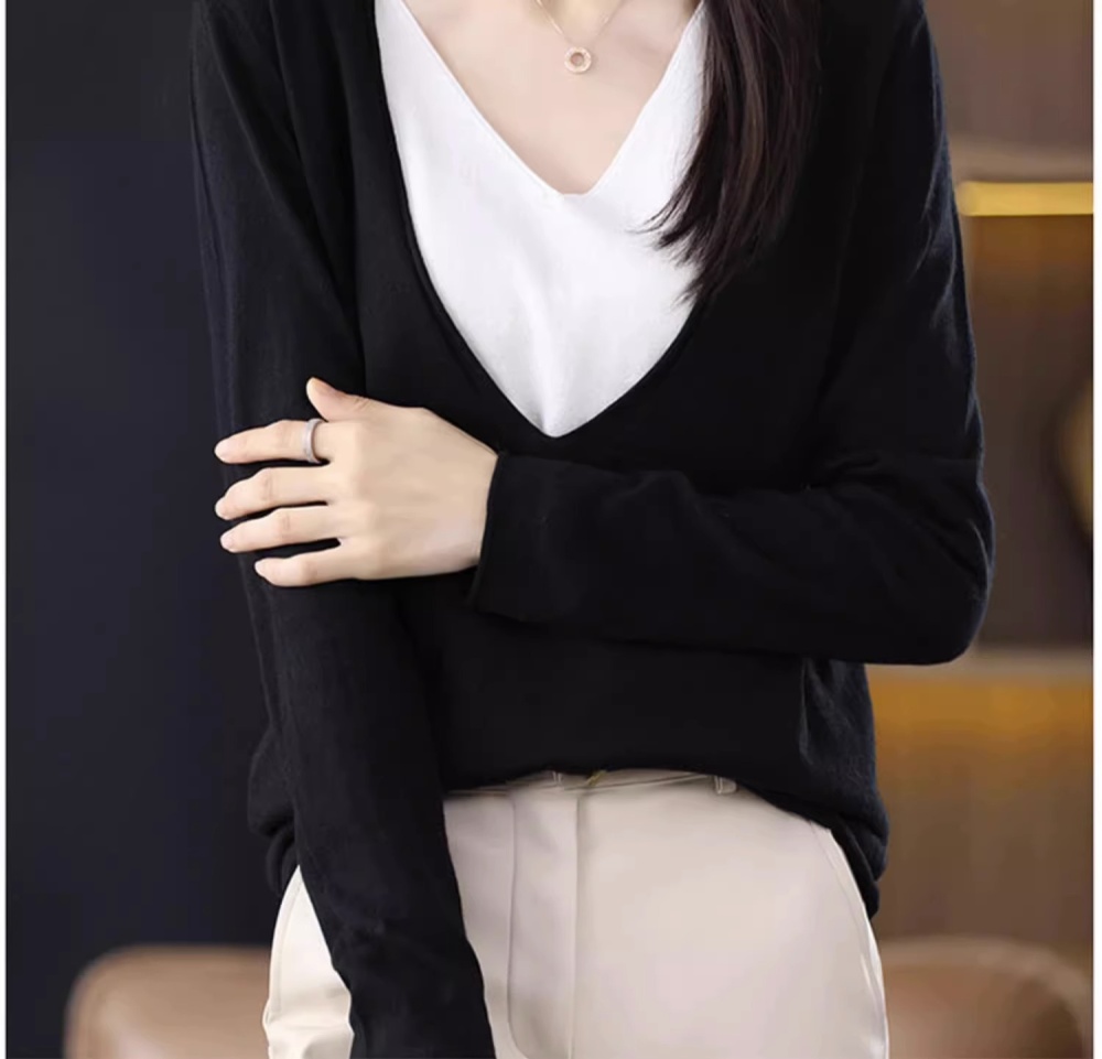 Autumn Pseudo-two sweater loose mixed colors tops for women