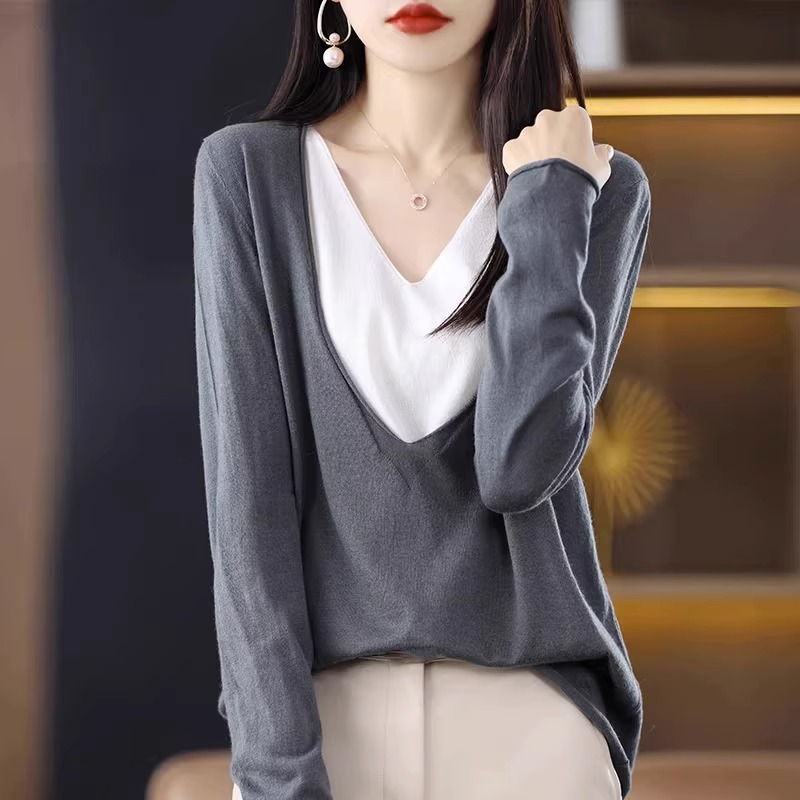 Autumn Pseudo-two sweater loose mixed colors tops for women