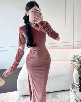 Sexy hollow package hip dress velvet tight pink cheongsam