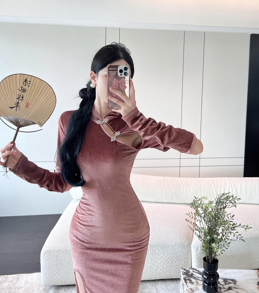 Sexy hollow package hip dress velvet tight pink cheongsam