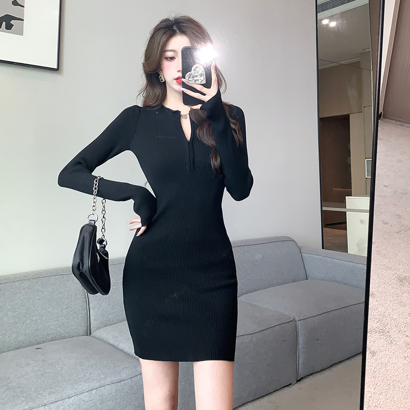 Zip long sleeve sexy T-back knitted tight dress for women