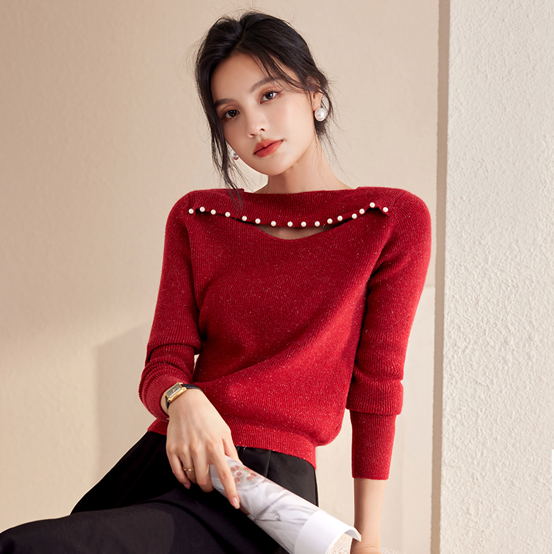 Horizontal collar hollow tops beading sweater for women