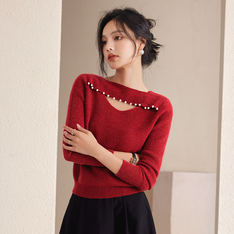 Horizontal collar hollow tops beading sweater for women