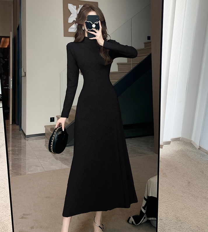 Knitted package hip half high collar slim dress for women