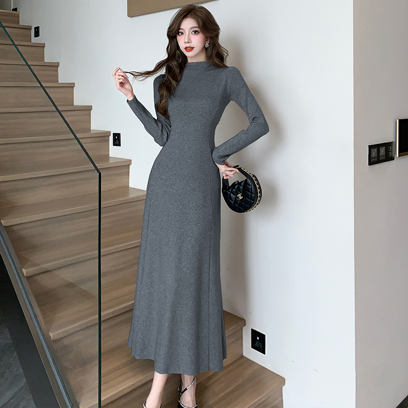 Knitted package hip half high collar slim dress for women